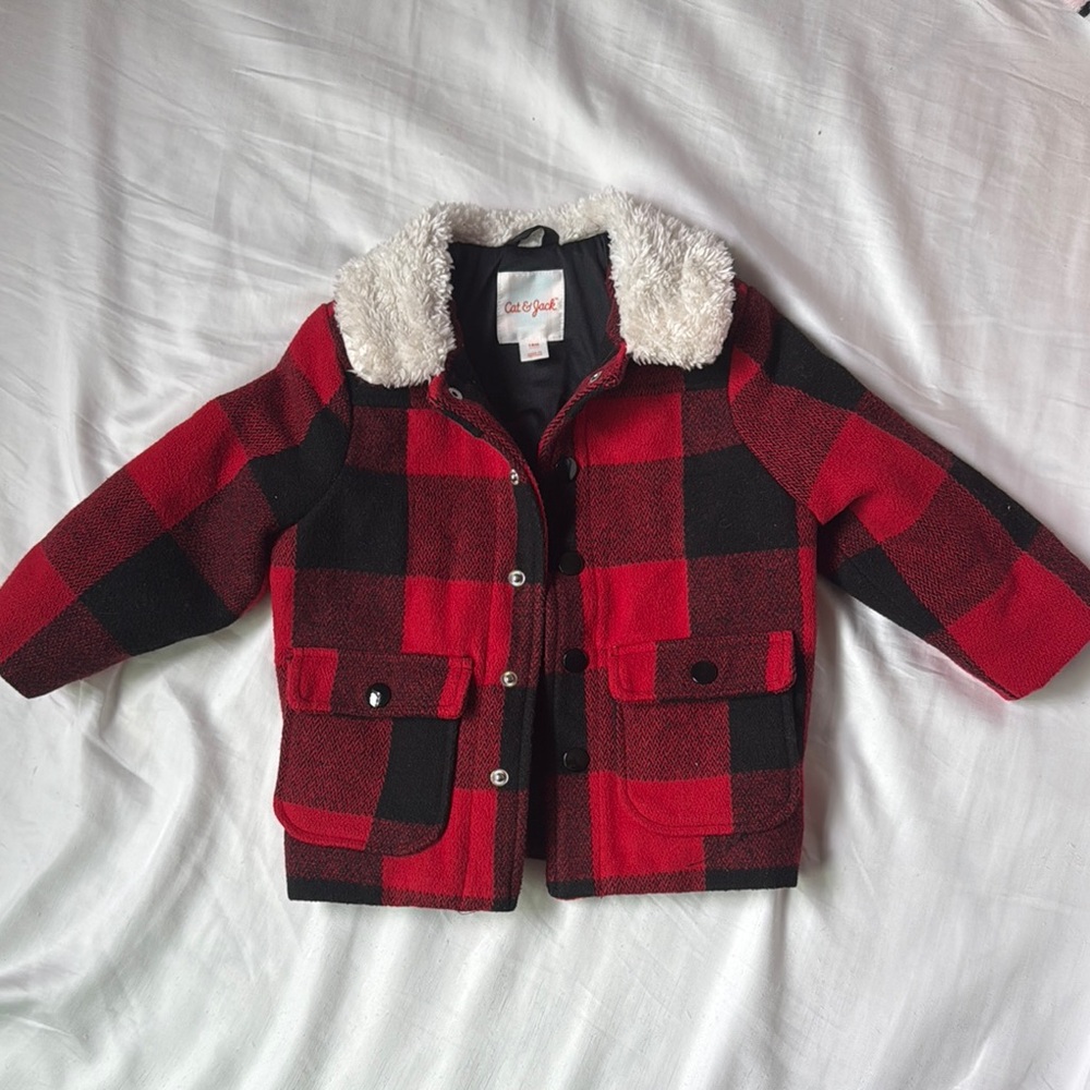 Cat & Jack Target Brand- Red and Black Plaid Jacket with Sherpa Collar size 18m